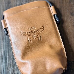 New Authentic MCM Leather Eyeglass Case Cognac Pebbled Leather Sunglasses Case